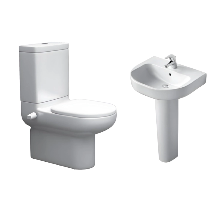 طقم حمام بلايا مرحاض ملاصق للحائط ذاتى الغلق G4921-G4922 و حوض J5013 مقاس 65 سم بالعامود الطويل من أيديال ستاندرد