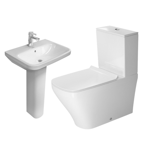 طقم حمام ديوراستايل كومفورت ( كبير ) مرحاض ملاصق بالخزان و السيديلى العادى و حوض مقاس 60 سم بالعامود الطويل اللون أبيض من ديورافيت