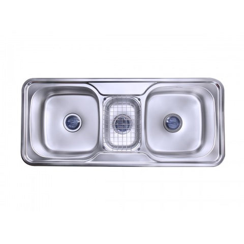 حوض مطبخ HS110D بعدد 2 عين ونصف ستانليس ستيل مقاس 110 × 48 سم مع سلة صغيرة بفلتر حاجز للشوائب بـ 3 صرف 3 بوصة منتج مستورد كورى من بيورتى