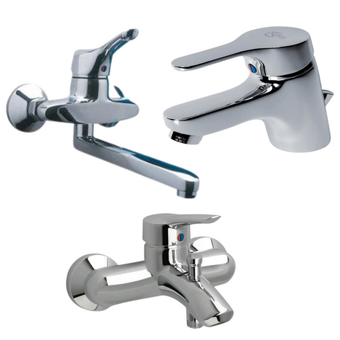 طقم خلاط 3 قطع ( خلاط بانيو يوروستورم B 7841 AA و خلاط حوض سليم لاين B 8577 AA و خلاط مطبخ حائطى سيراميكس A 1721 ) اللون كروم من أيديال ستاندرد