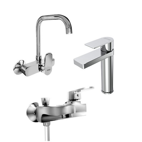 طقم خلاط 3 قطع ( خلاط بانيو لافادورا LVD-0015 خلاط حوض لافى LVE-0064 خلاط مطبخ حائطى لافادور LVD-0018 ) اللون كروم من جواد