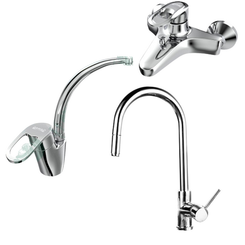 طقم خلاط 3 قطع ( خلاط بانيو سيراميكس GX-0065 خلاط حوض بلس GX-0079 خلاط مطبخ شداد سفيرو SO-0051 ) اللون كروم من جواد