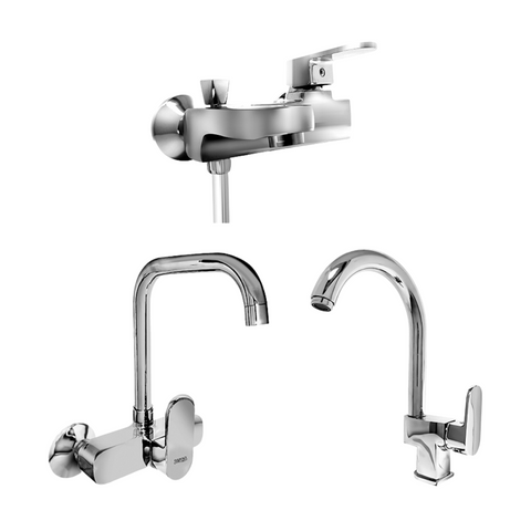 طقم خلاط 3 قطع ( خلاط بانيو لافادورا LVD-0015 و خلاط حوض لافادورا LVD-0019 و خلاط مطبخ حائطى لافادور LVD-0018 ) اللون كروم من جواد