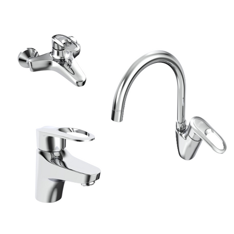 طقم خلاط 3 قطع ( خلاط بانيو سيراميكس GX-0065 و خلاط حوض سيراميكس GX-0064 و خلاط حوض سيراميكس GX-0060 ) اللون كروم من جواد